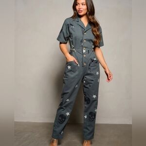 D14 NWT Fantastic Fawn Denim Stars Jumpsuit Button Up Front Pockets Sm Md Lg